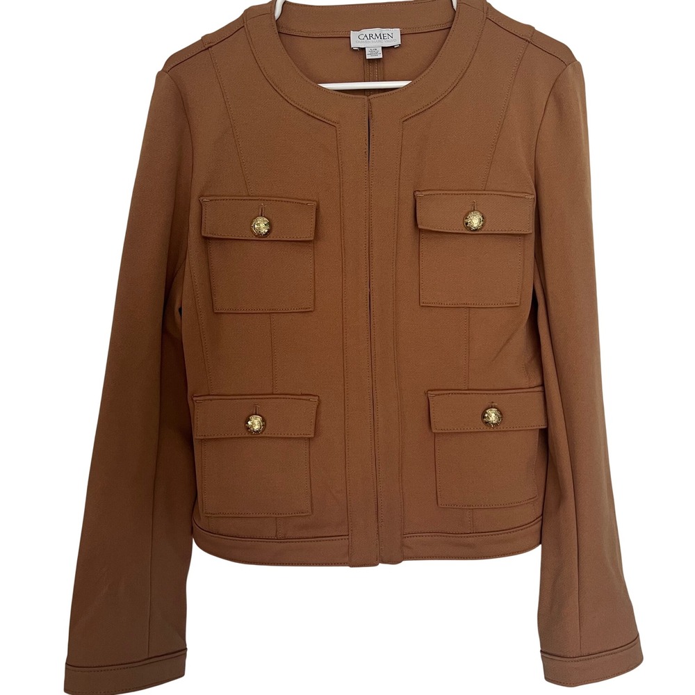 Carmen Marc Valvo Womens L Jacket Camel Tan Gold Buttons Military Utility Safari